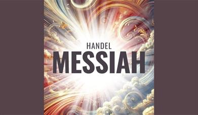 A picture with a lightburst among clouds and culicues, with the words Handel's Messiah in the foreground