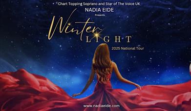 Nadia Eide in a flowing red gown, gazes at a starry night sky. Text reads, "Nadia Eide presents Winter Light 2025 National Tour." 