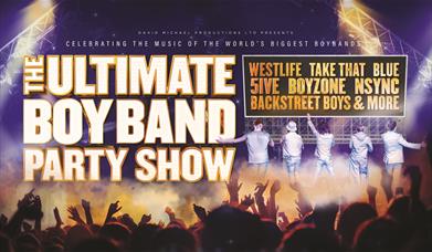 A poster advertising the show, with a boyband in silver outfits and an audience with their hands in the air