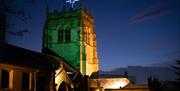 A cathedral building at night